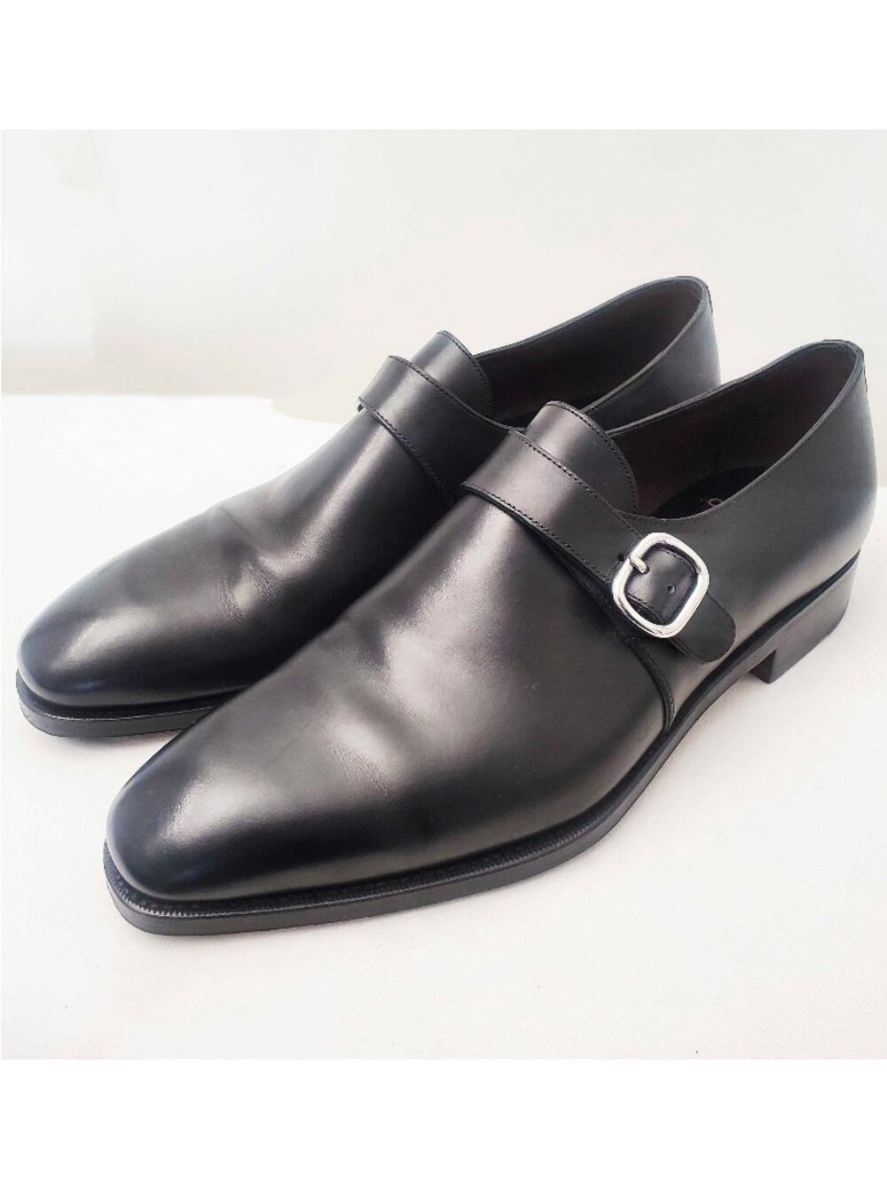 CARMINA Men's RAIN Plain Toe Single Monk Strap Black Leather Shoes UK 8.5